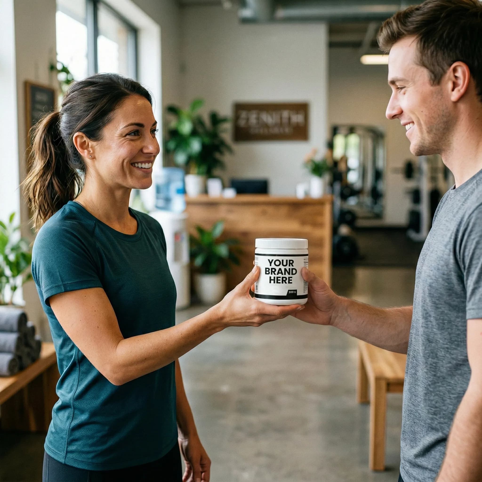 Wellness coach handing supplement to client